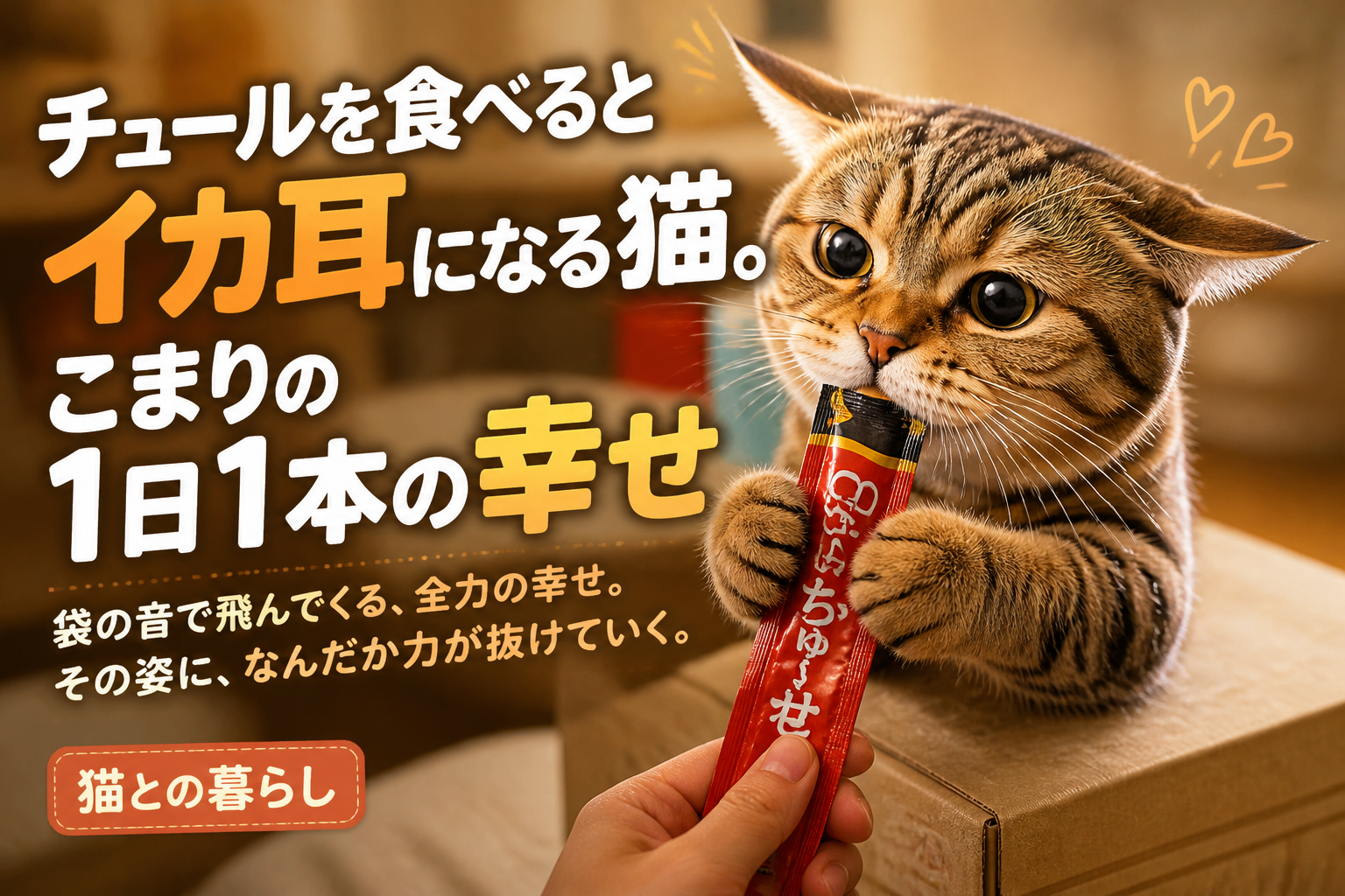 チュールを食べるとイカ耳になる猫。こまりの1日1本の幸せ