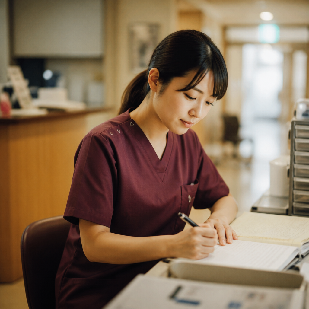 記録をまとめる介護スタッフの穏やかな表情