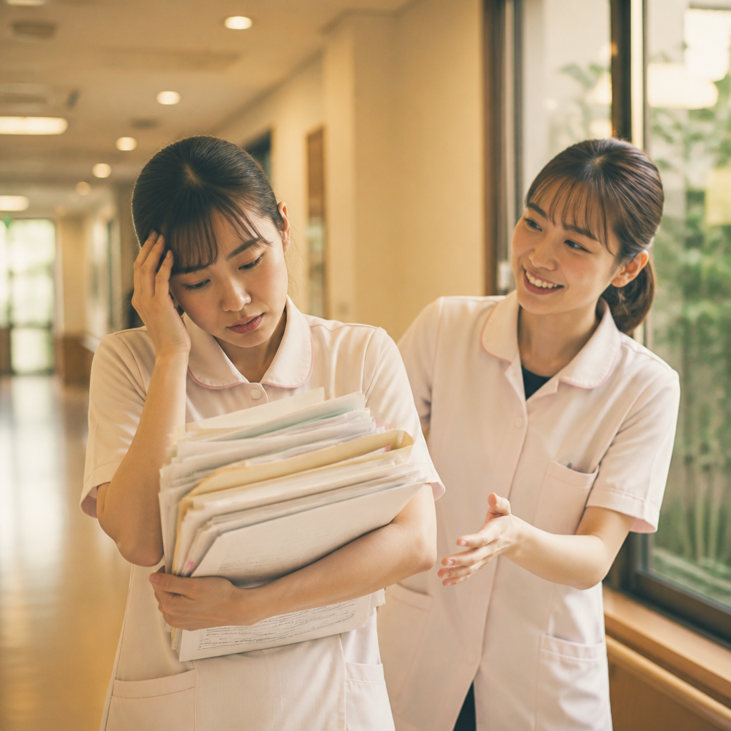 同僚に声をかける介護スタッフの女性