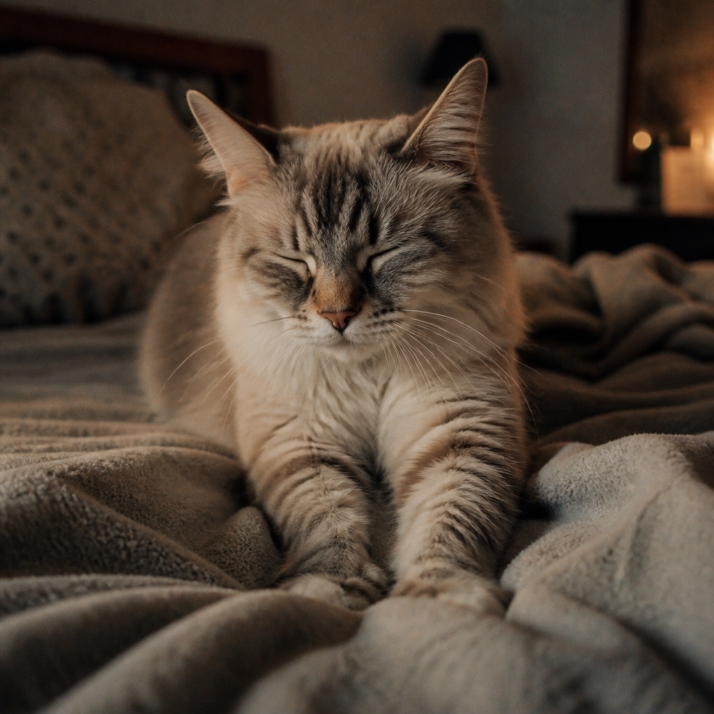 毛布の上でぎこちなくふみふみする猫