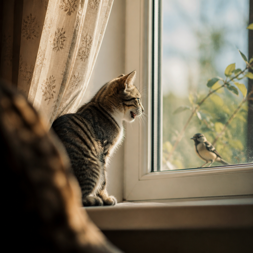 窓の外の鳥を見つめて口を開ける猫