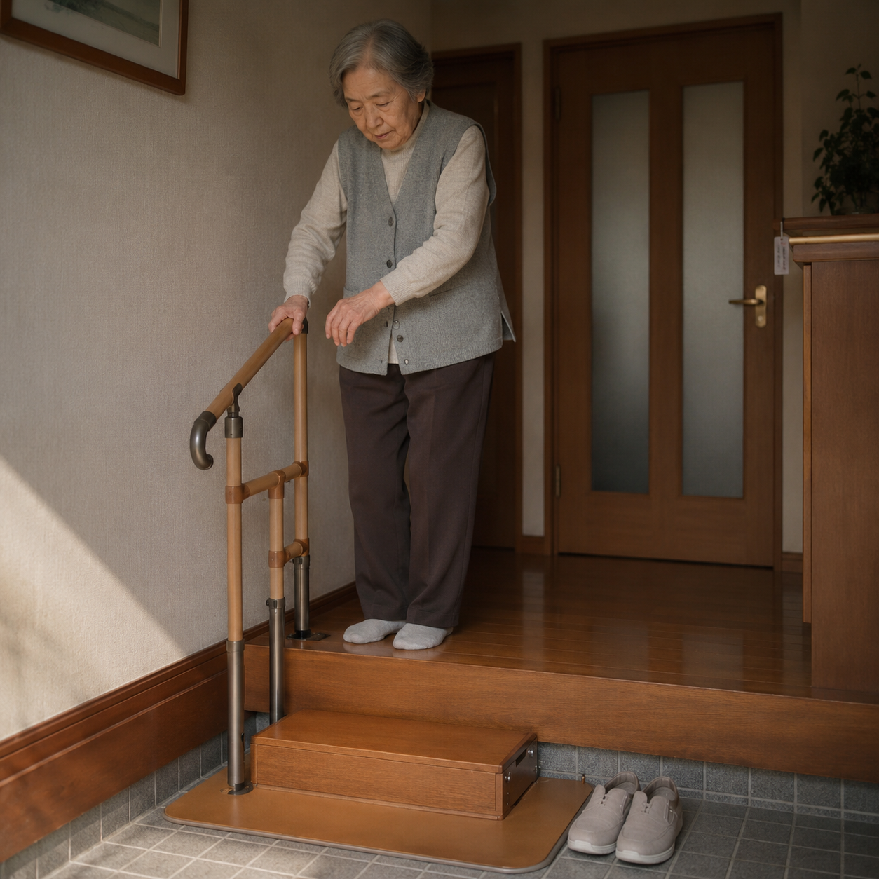 玄関の据置き型手すりを握って段差を降りようとする高齢女性