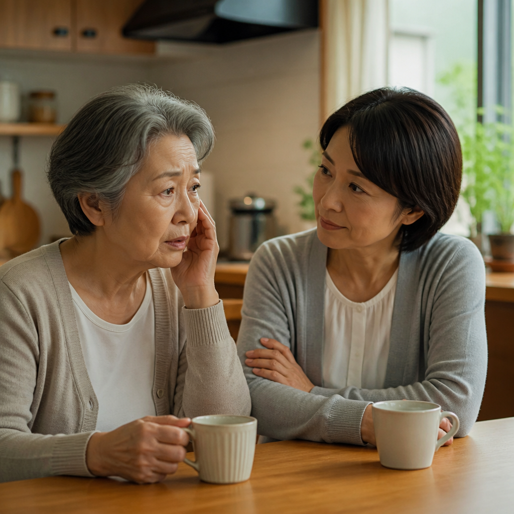 食卓で娘の話を聞く高齢の母と娘