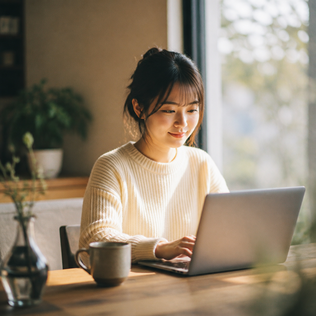 窓辺でノートPCに向かう女性の在宅勤務の朝