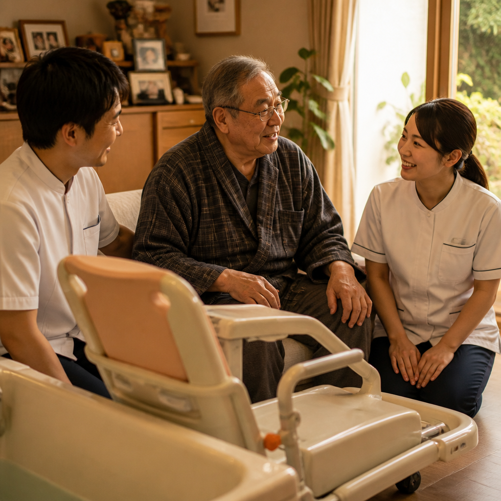 自宅の部屋で、訪問入浴のスタッフが専用浴槽のそばで高齢男性と話している