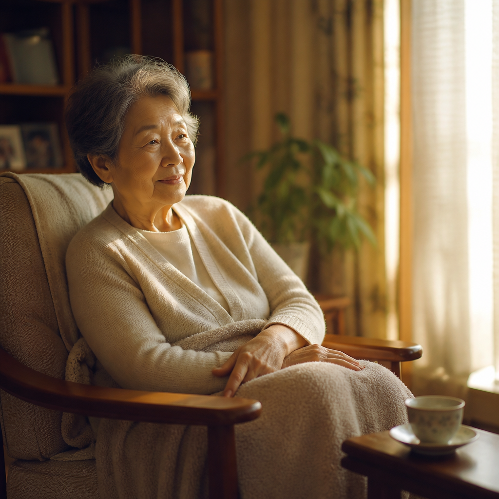 椅子でひざかけをかけてくつろぐ高齢の女性