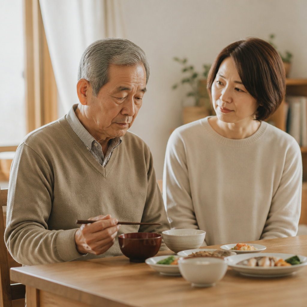 食卓で箸が止まっている高齢の男性と、隣で気づかう娘