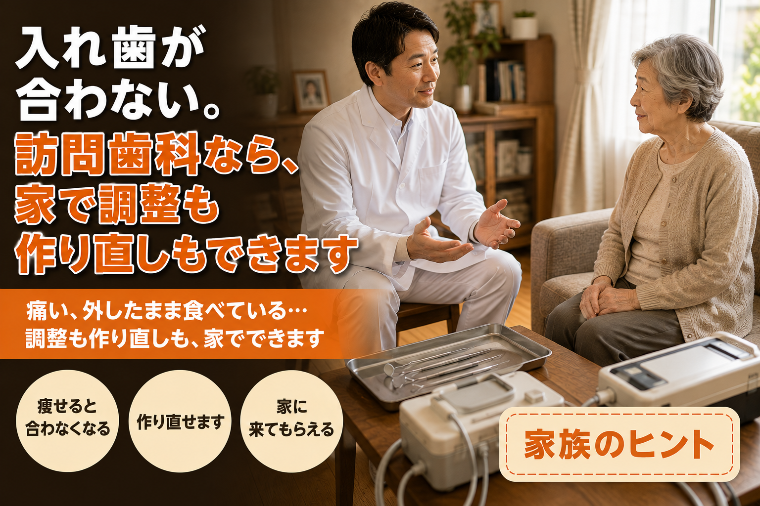 入れ歯が合わない。訪問歯科なら、家で調整も作り直しもできます