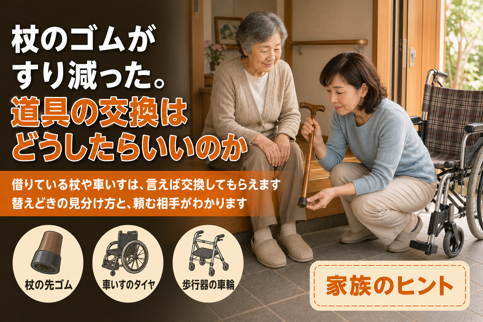 杖のゴムがすり減った。道具の交換はどうしたらいいのか