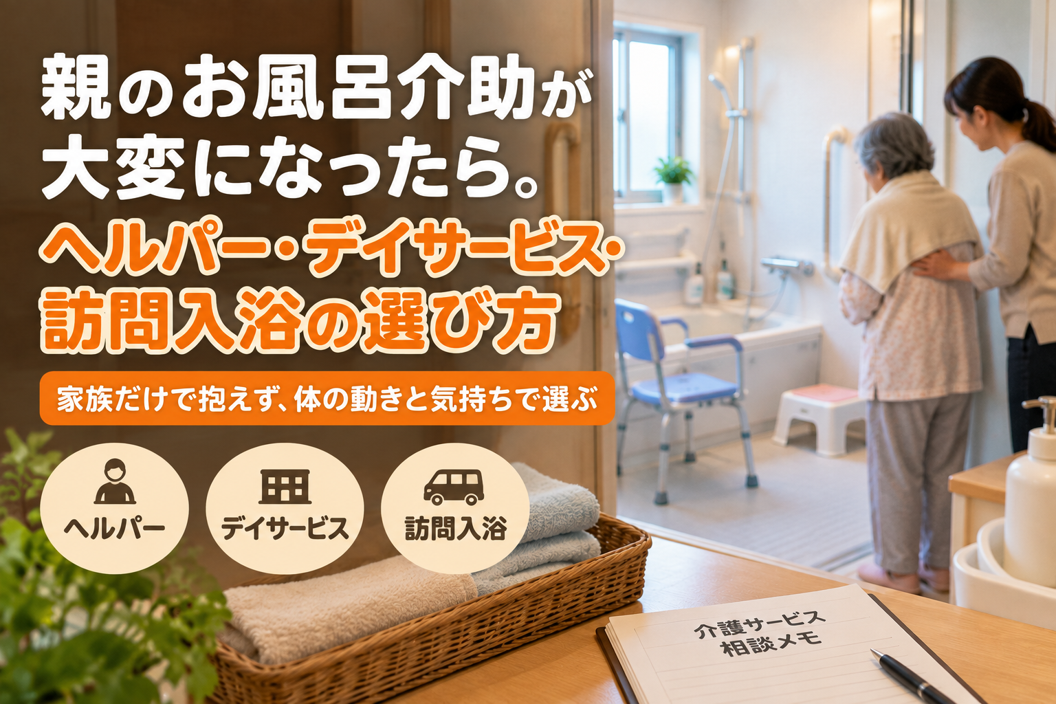 親のお風呂介助が大変になったら。ヘルパー・デイサービス・訪問入浴の選び方