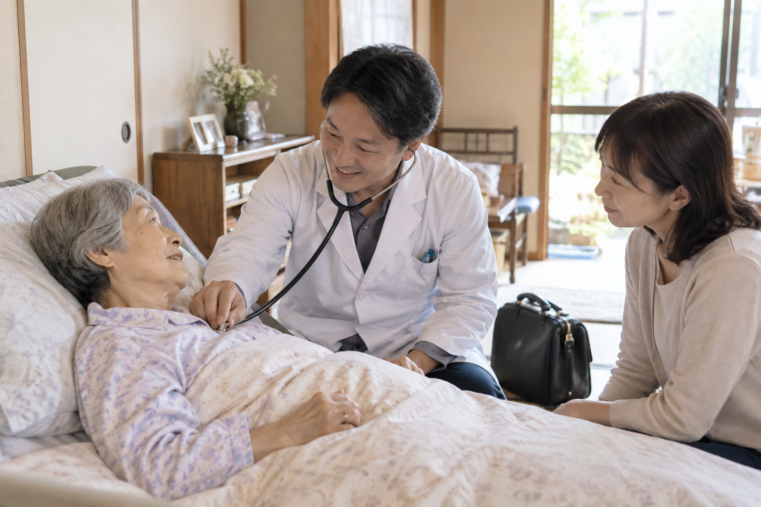 自宅で訪問診療の医師の診察を受ける高齢女性と、そばで見守る家族