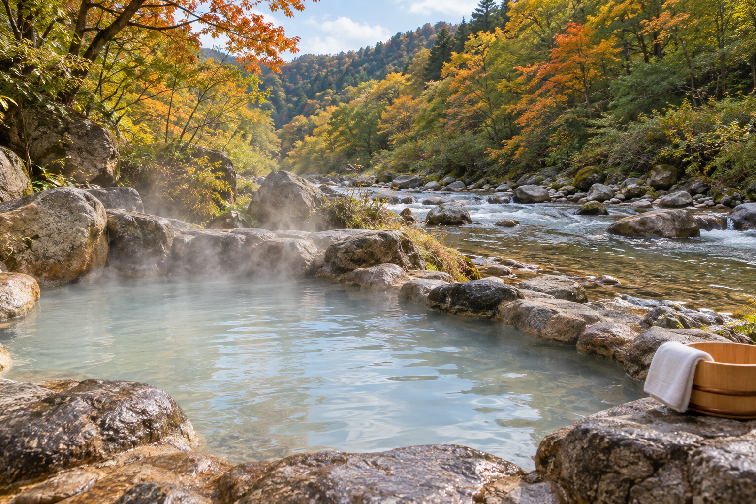 秋の川沿いの露天風呂に白い湯気が立つイメージ