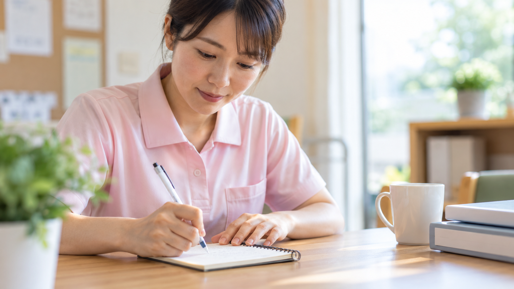 デスクでメモに日付と出来事を書き留めている介護職員