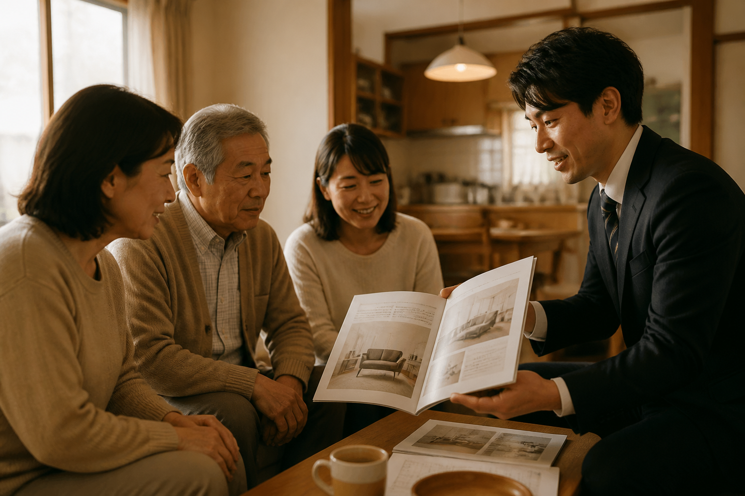カタログを開いて家族3人に福祉用具を説明するスーツの男性