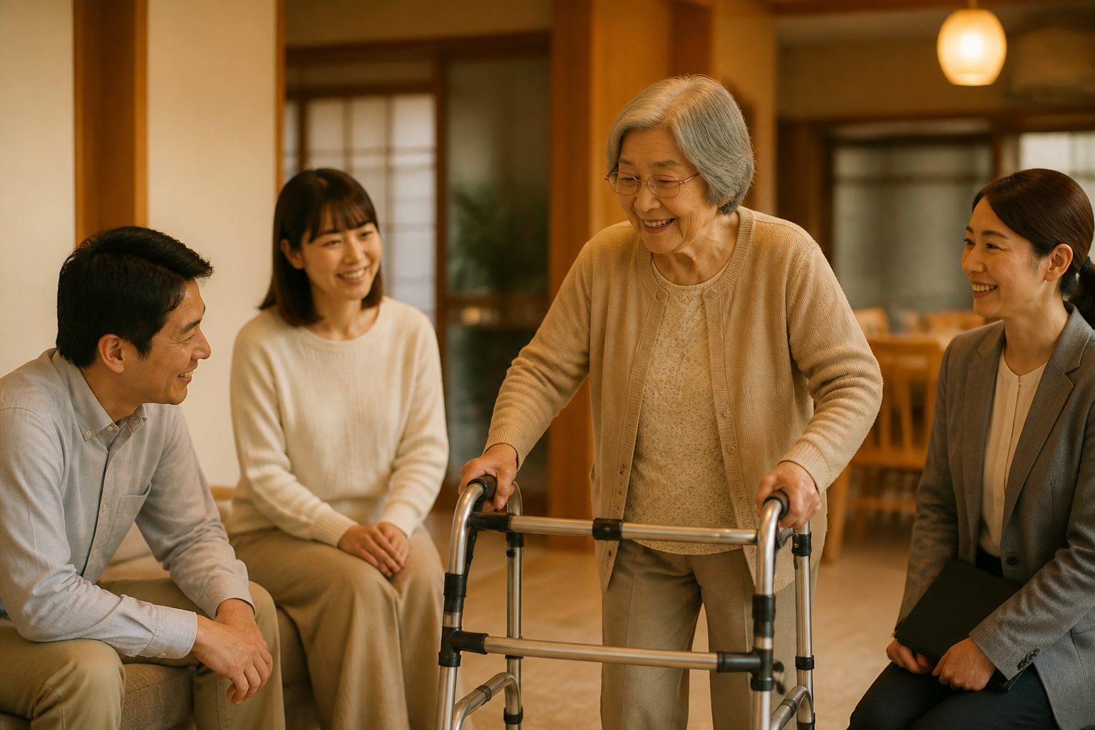 居間で歩行器を試す高齢の女性と、そばで見守る家族と相談員