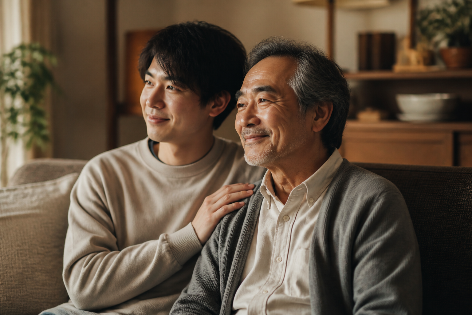 自宅で食事を優しくサポートする家族