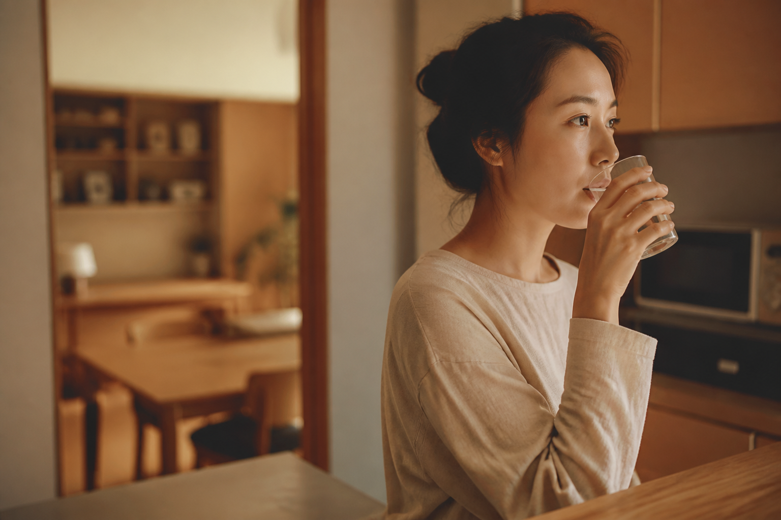 台所で水を飲みながら一息つく女性