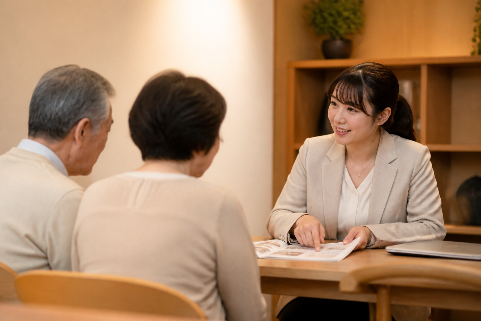 テーブルで高齢の夫婦に書類を見せて説明するケアマネジャー