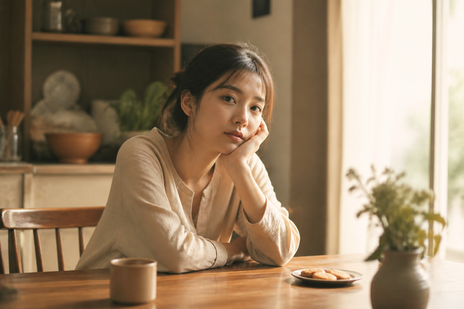 台所のテーブルで頬に手を当て、ひと息ついている女性