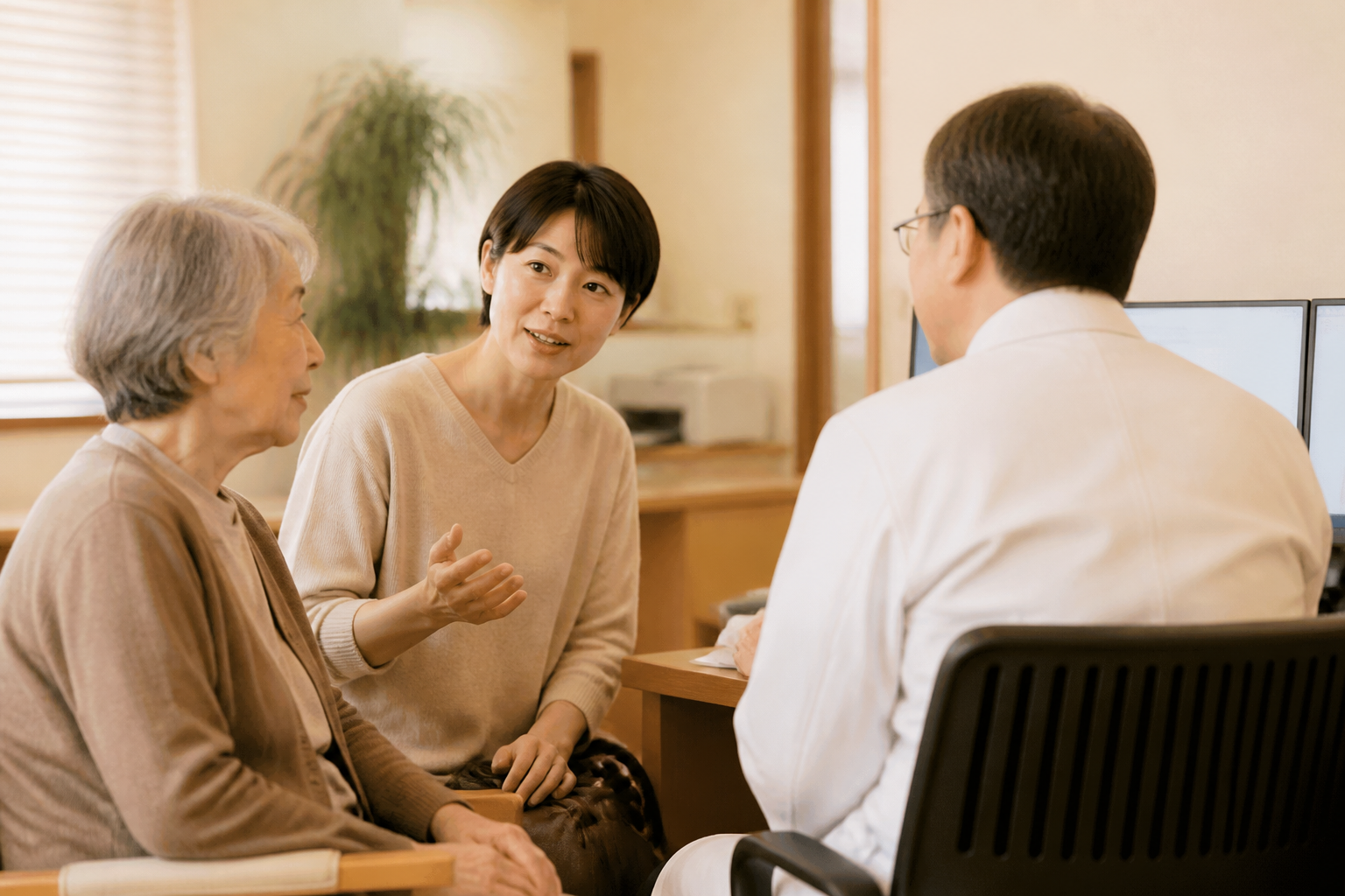 娘が高齢の母の手をそっと握る温かな食卓のシーン
