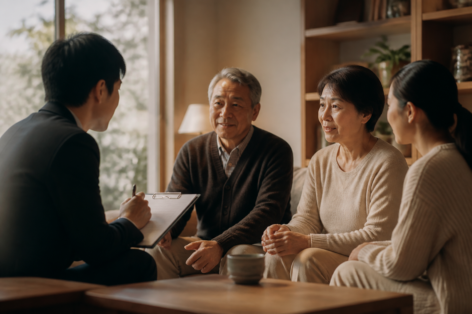 認定調査で本人と家族が調査員と話している様子