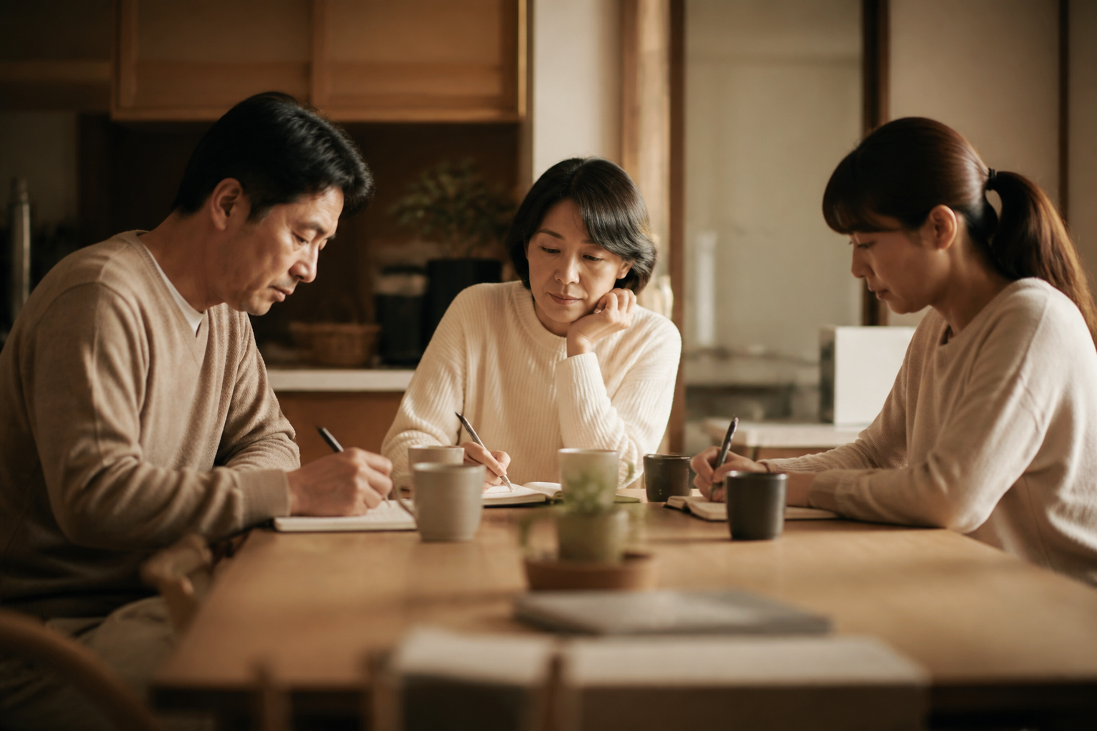 食卓でメモを取りながら話し合う家族3人
